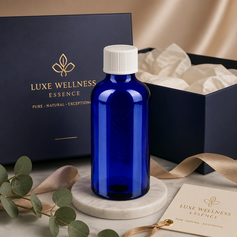 Frasco de boticário elegante de 50 ml em azul profundo com tampa branca prática para produtos de bem-estar
