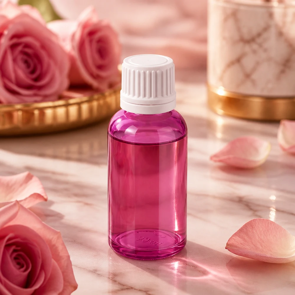 Frasco pequeno de 30 ml com design PurpleLine e tampa branca para produtos de beleza e bem-estar