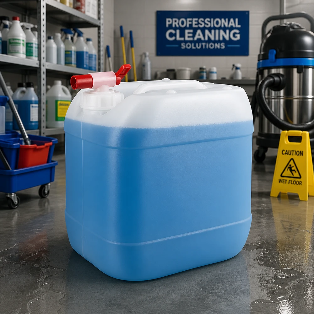 Bidão azul de 15 litros com torneira de saída vermelha num ambiente profissional de armazenamento de produtos de limpeza