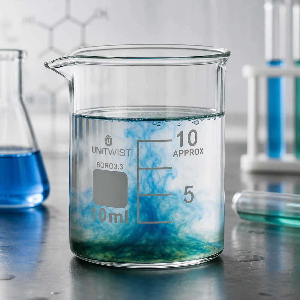 Copo de vidro UNiTWIST de 10 ml, borossilicato 3.3, formato baixo, com reação azul-esverdeada em laboratório