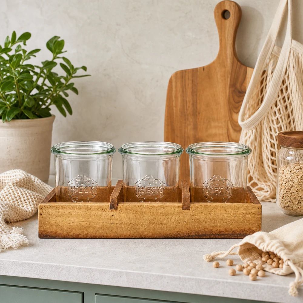 Tábua de servir Box3 madeira de acácia para 3 copos WECK. Tábua de servir Box3 madeira de acácia três frascos vazios WECK cena de cozinha com planta tábua de cortar frascos de arrumação natural