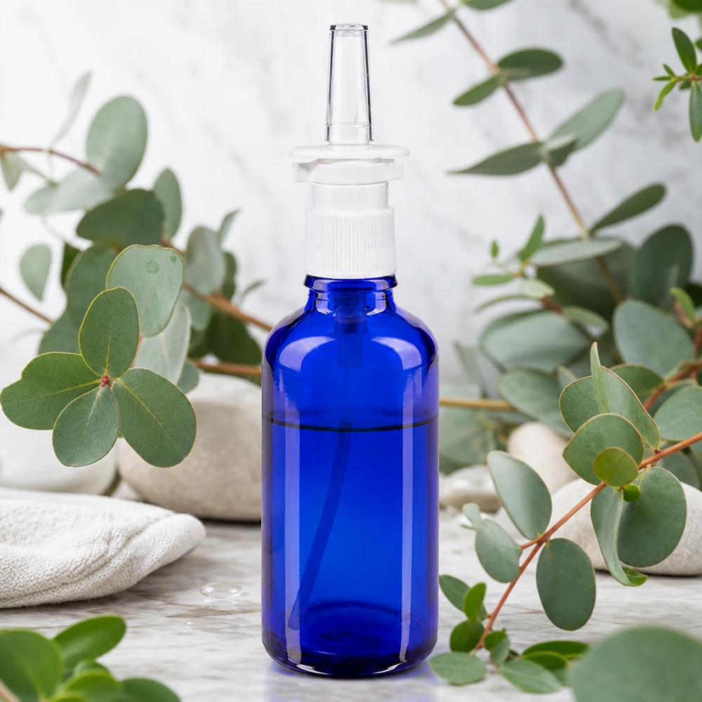 Frasco azul de 50 ml para spray nasal, em vidro de farmácia, com decoração de eucalipto num ambiente de spa