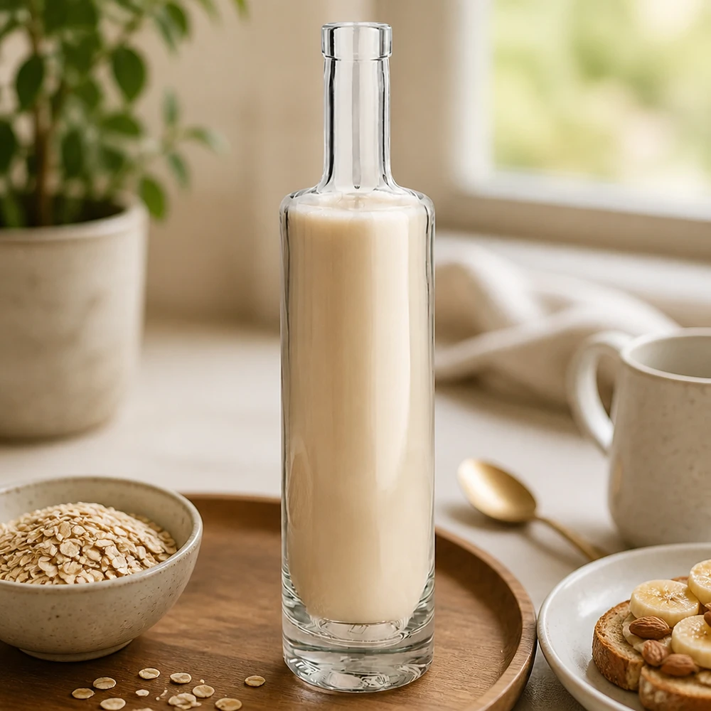 500ml Glasflasche "Centurio" ohne Verschluss UNiTWIST® Garrafa de vidro de 500 ml de Lina cheia de leite de aveia num cenário de cozinha elegante com flocos de aveia e imagem de pequeno-almoço 3