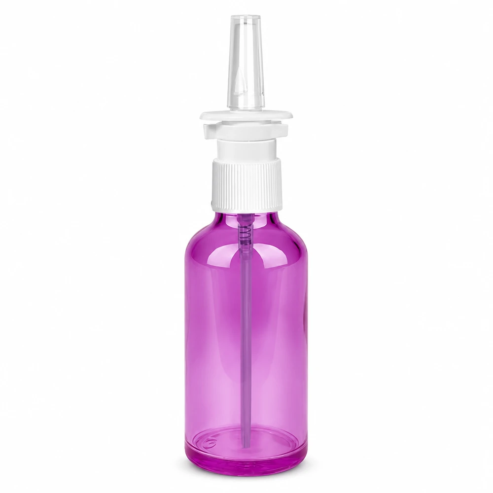 Frasco de spray nasal de 50 ml branco/transparente padrão PurpleLine. UT18/50 Frasco de spray nasal de 50 ml em roxo transparente com cabeça de spray de bomba branca para aplicações nasais