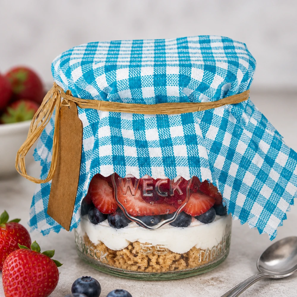 Guardanapo decorativo em tecido turquesa axadrezado quadrado de 15 cm Türkis-kariertes Stoff Schmuckdeckchen auf Dessertglas mit Beeren-Schichtdessert und Raffiabast-Verschluss dekoriert