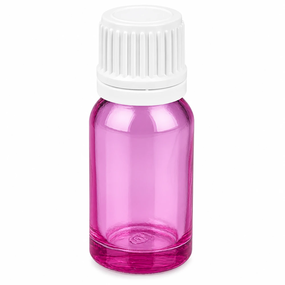 Frasco de vidro de 10 ml com tampa de rosca branca de cor púrpura para óleos essenciais