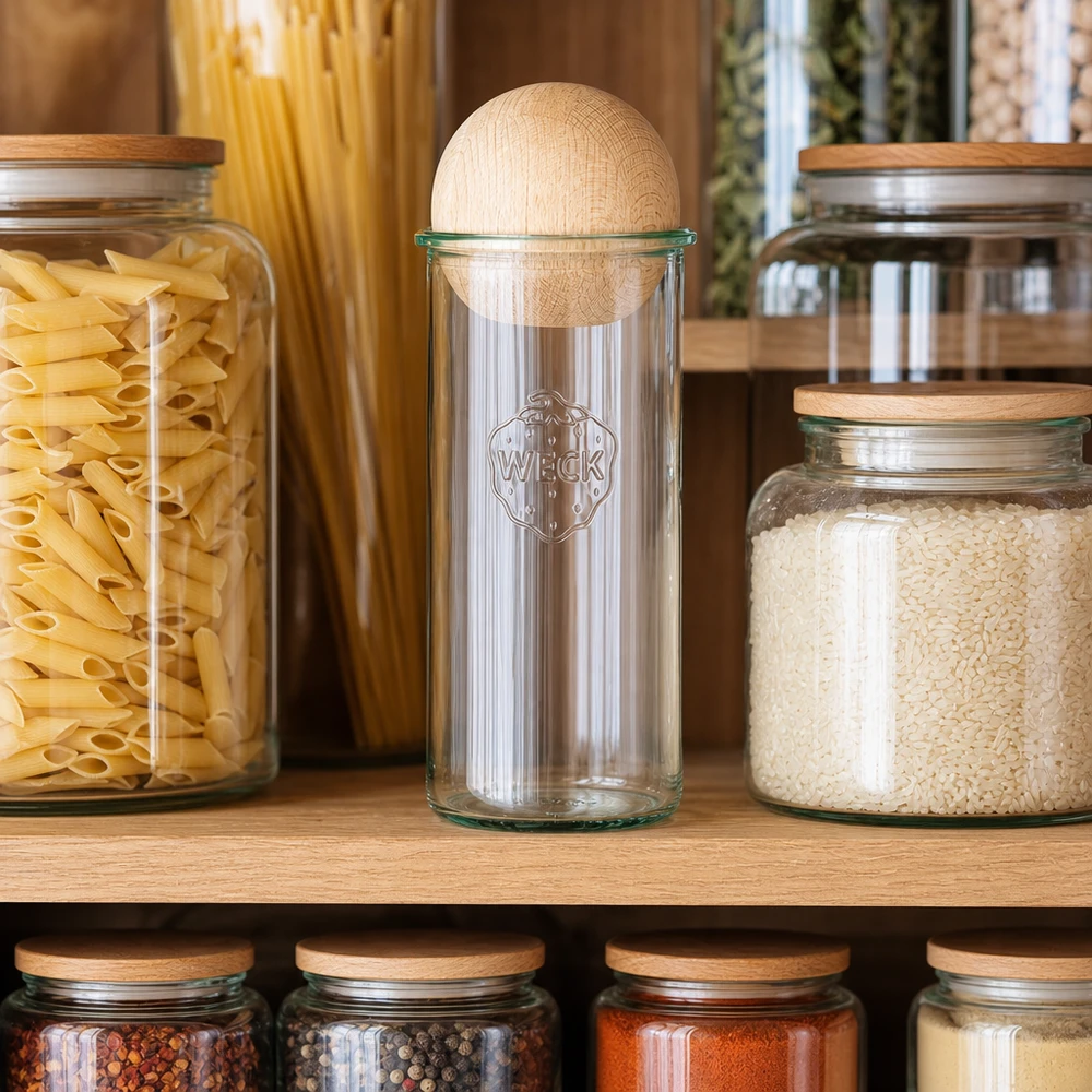 Copos de vidro de 1500ml WECK RR100 com bola de madeira faia Copos WECK RR100 1500 ml numa despensa ao lado da massa e do arroz, tampa esférica de madeira de faia visível
