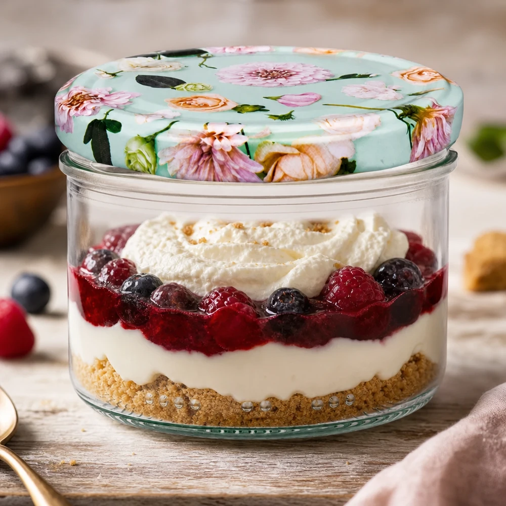 Jarro de 230 ml + tampa BasicSeal flor de menta 230ml Zylinderglas mit BasicSeal Deckel Blume mint für Desserts - Schichtdessert mit Beeren und Sahne im Vorratsglas