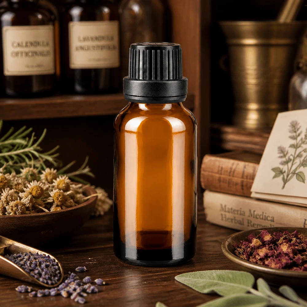 Frasco de farmácia castanho 20ml tampa conta-gotas anel de vazamento 2mm preto fecho inviolável Pequena garrafa de vidro castanha de 20 ml com tampa preta, rodeada de ervas secas e plantas medicinais