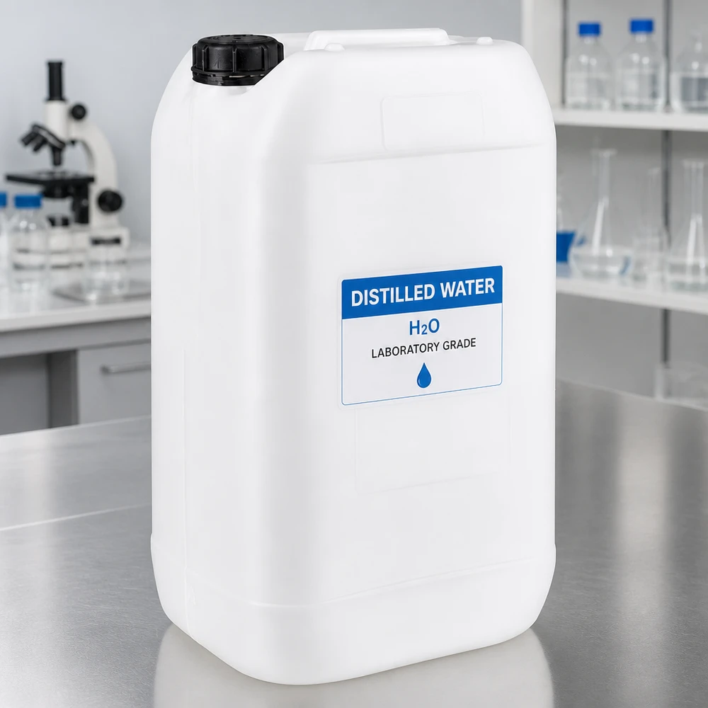 bidão de 15 litros com tampa de rosca Tampa inviolável Recipiente de laboratório de 15 litros cheio de água destilada (H₂O) num recipiente branco de HDPE