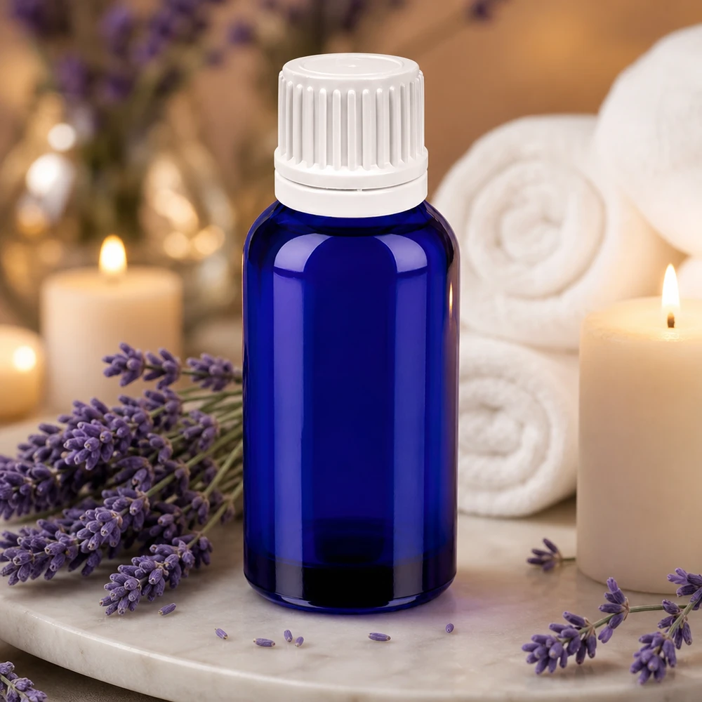 Frasco conta-gotas de 30 ml com tampa inviolável branca de 0,7 mm BlueLine UT18/30 Elegante frasco de vidro azul de 30 ml com tampa branca, ideal para óleos essenciais e aromaterapia