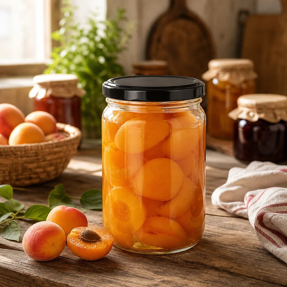 Frasco redondo UNiTWIST de 305 ml com tampa preta cheio de alperces em conserva em estilo de cozinha rústica