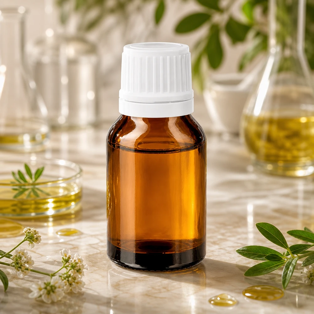 Frasco conta-gotas de 15 ml na cor âmbar, com tampa de rosca branca, sobre fundo de mármore, rodeado por plantas medicinais
