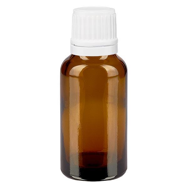 Frasco de farmácia castanho 20ml tampa conta-gotas 1.2mm tampa inviolável branca