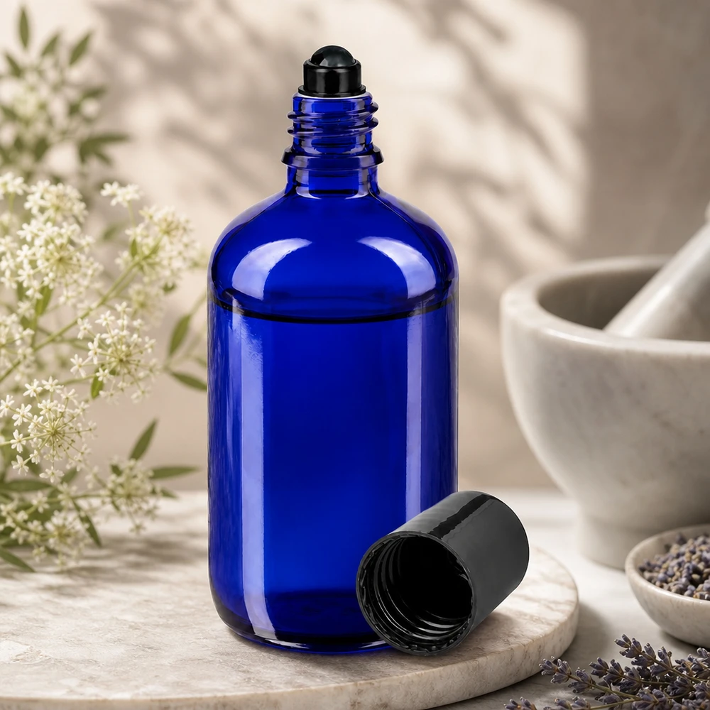 Frasco de vidro azul cobalto de 100 ml com bola rolante preta, aberto, ao lado de flores de lavanda e de um almofariz