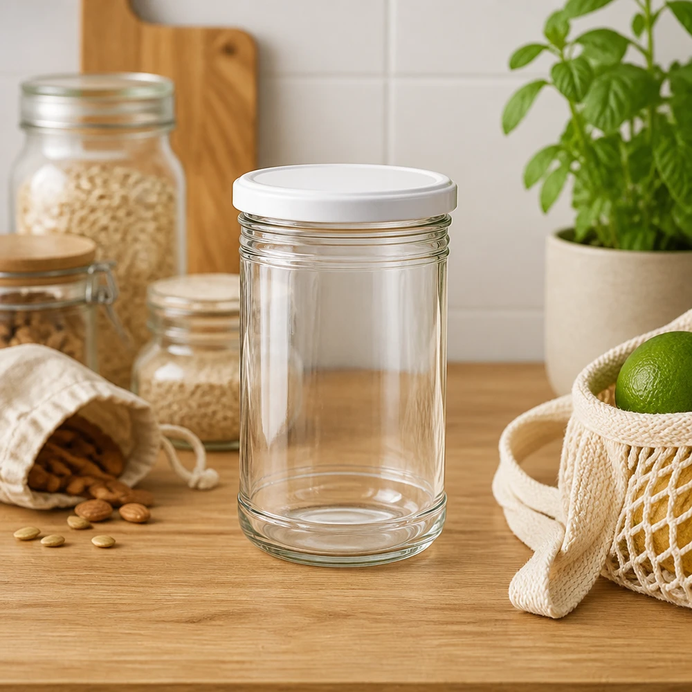 Frasco de vidro vazio de 1053 ml sobre bancada de madeira em cozinha moderna com saco de compras de rede e planta de manjericão Estilo de vida
