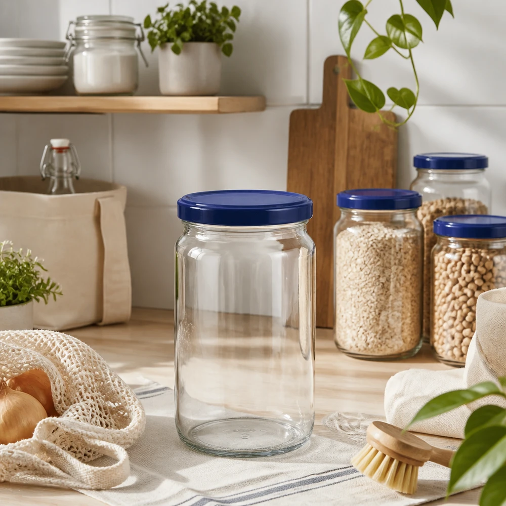 Frasco redondo de 795 ml + tampa BasicSeal azul UNiTWIST Frasco redondo vazio de 795 ml com tampa UNiTWIST azul em cozinha sustentável com frascos de arrumação e elementos de madeira