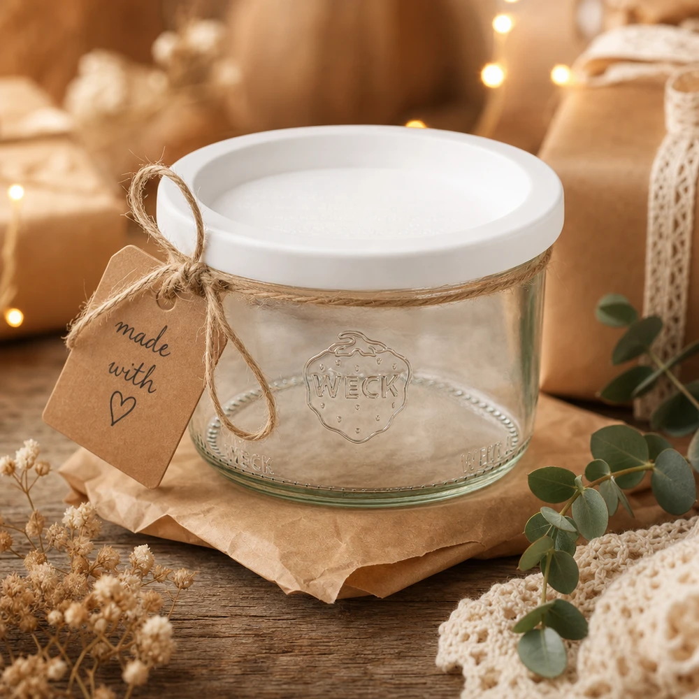 Copos WECK 200ml RR80 como presente, decorados com cordão de juta e etiqueta Made with Love numa mesa de madeira