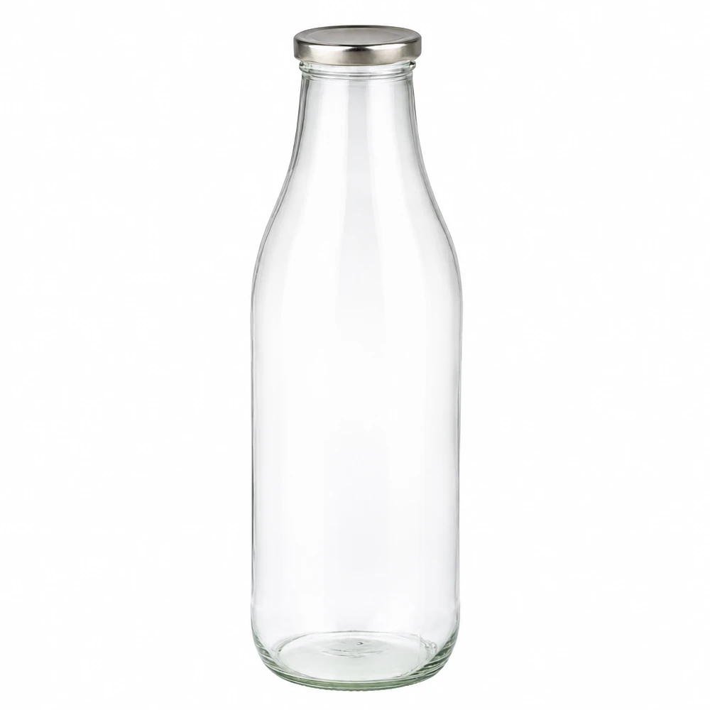 Frasco de vidro de 1000 ml + tampa BasicSeal prateada UNiTWIST Garrafa de vidro de 1000 ml com tampa BasicSeal prateada vazia e transparente para bebidas e armazenamento