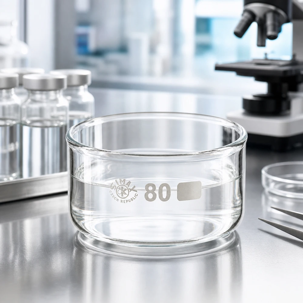 Bandeja de cristalização SIMAX de 150 ml num laboratório moderno, ao lado de um microscópio e de frascos de vidro com ø80 mm