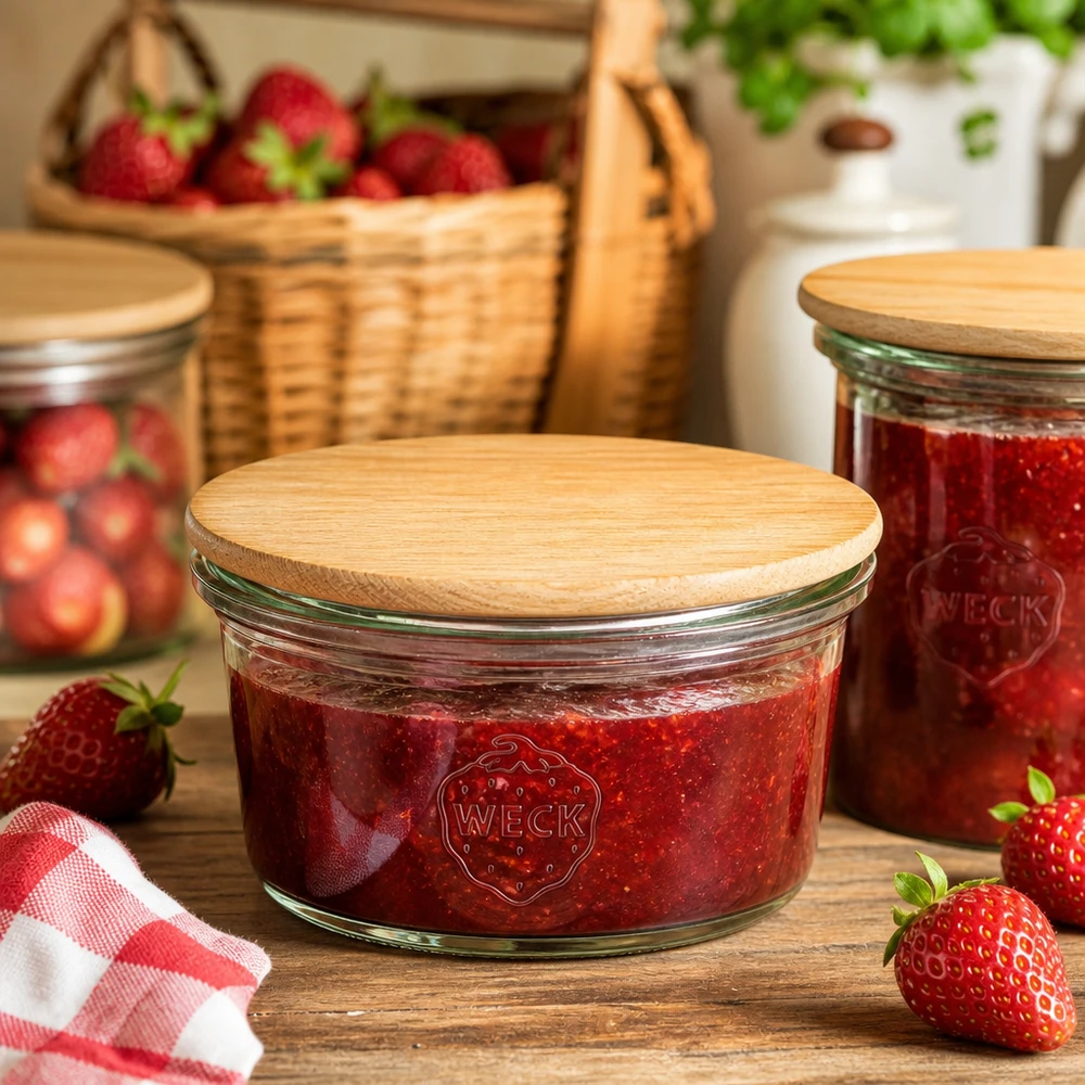 Mini frasco de pedreiro WECK de 50 ml cheio de compota de morango e tampa de bambu na cozinha rústica com morangos frescos