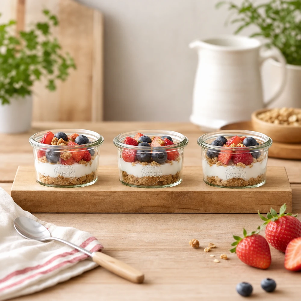 Tábua de servir em madeira Plano3 com copos Weck de 80 ml como parfait de iogurte com frutos silvestres e granola numa cozinha luminosa