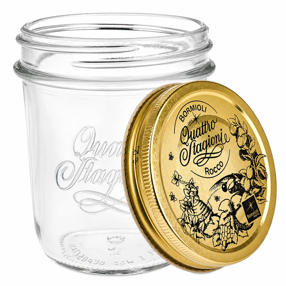 320ml Sturzglas "Quattro Stagioni" mit Deckel Bormioli Rocco Quattro Stagioni Frasco de conserva de 320 ml aberto com tampa dourada amovível e motivo de ervas