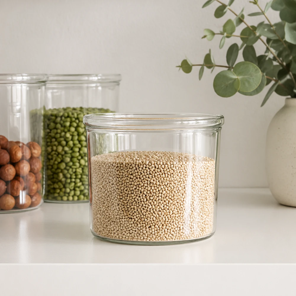 Frasco de vidro cônico WECK RR40 de 35 ml Frasco de armazenamento WECK 35ml RR40 cheio de quinoa ao lado de outros frascos de armazenamento com leguminosas na cozinha moderna