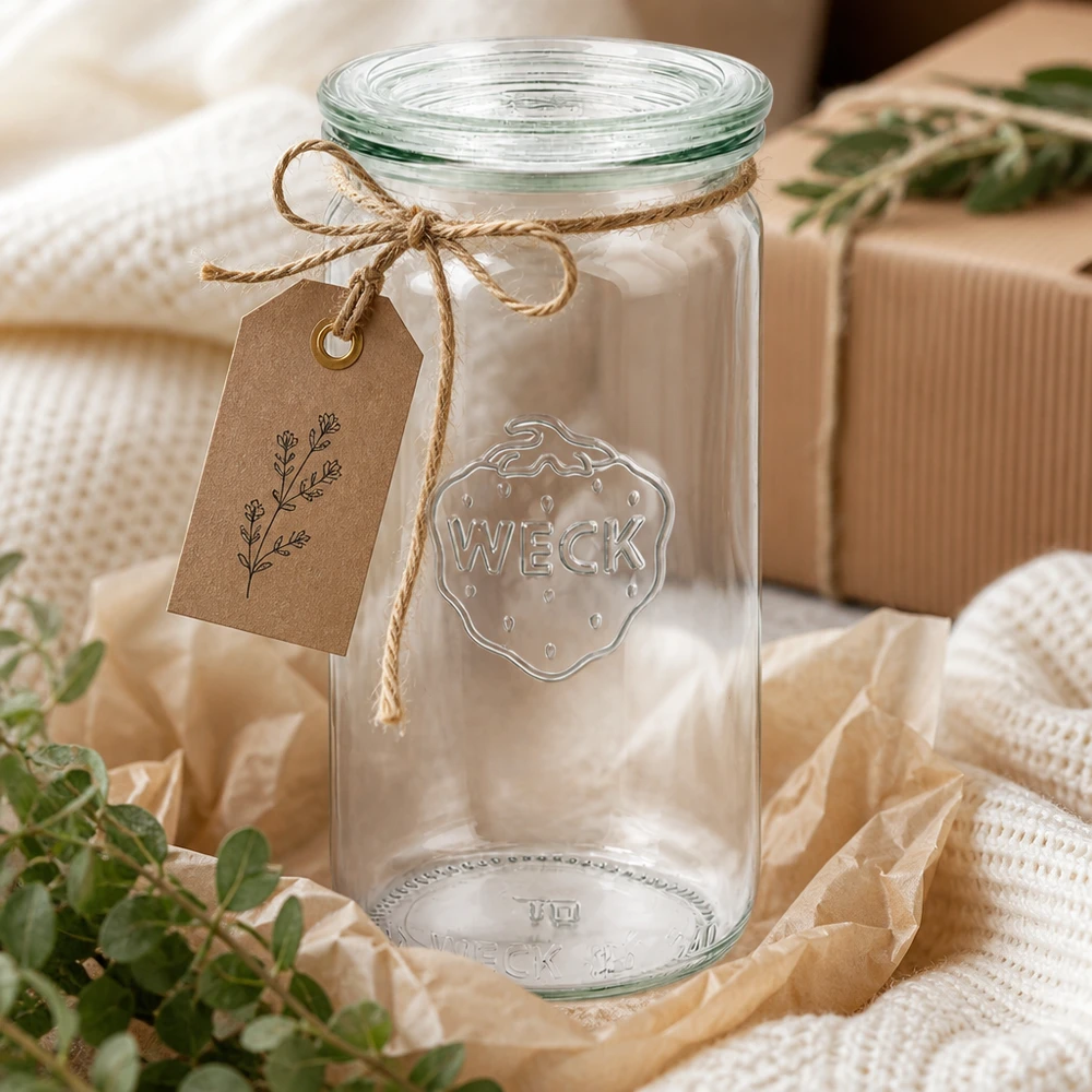 340ml Zylinderglas mit Glasdeckel WECK RR60 Frasco cilíndrico WECK 340ml RR60 decorativo com cordão de juta e etiqueta como embalagem de oferta em tecido bege