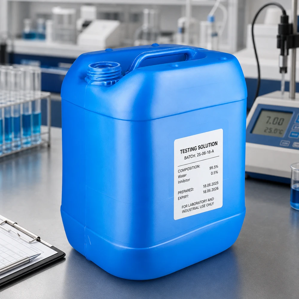 Bidão 20 litros azul sem tampa Bidão azul de 20 litros com rotulagem de laboratório e pega de transporte para soluções de ensaio, sem tampa