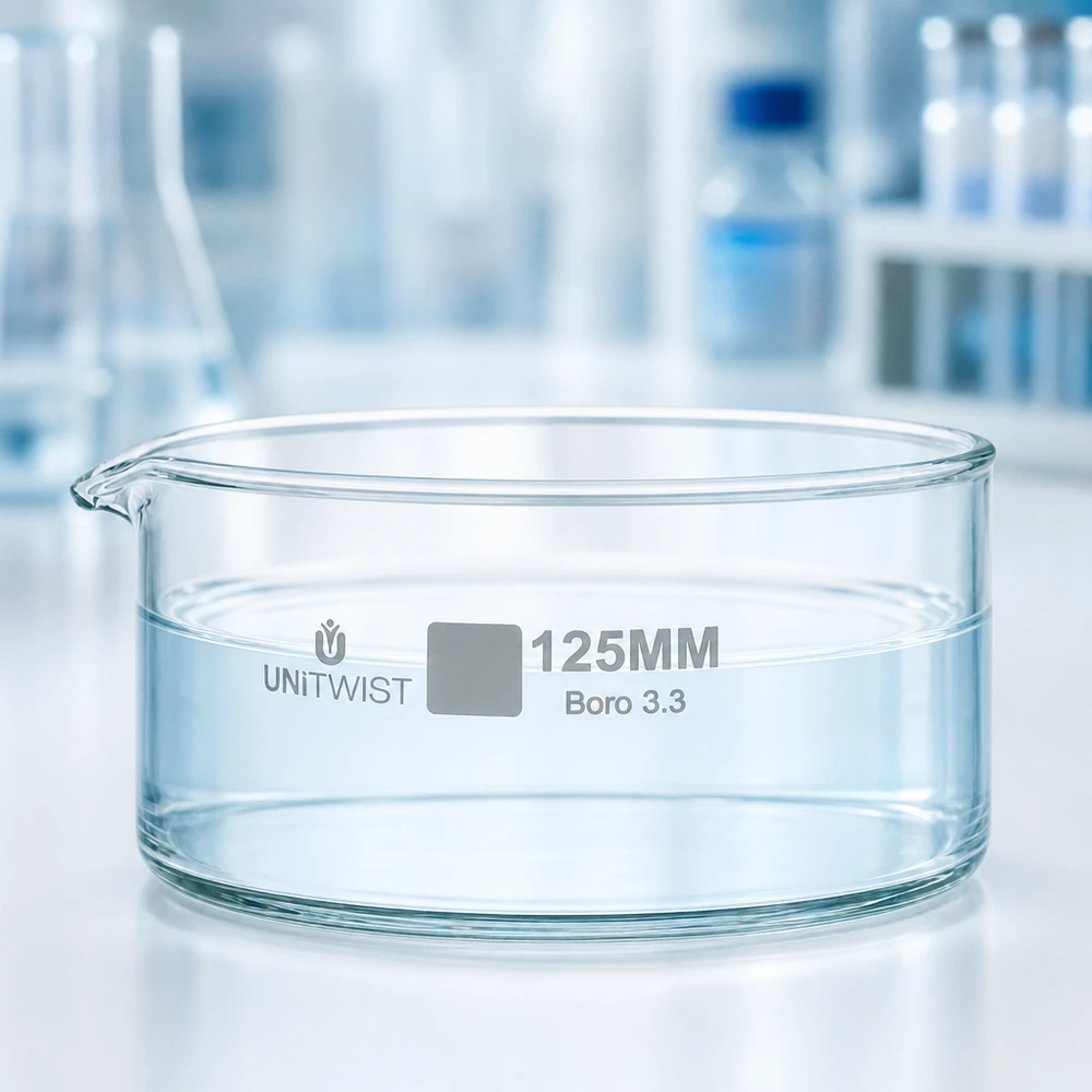 Prato de cristalização ø125mm em vidro borossilicato UNiTWIST Recipiente de cristalização vazio de 125 mm, UNiTWIST, vidro borossilicato Boro 3.3, formato plano, suporte de laboratório