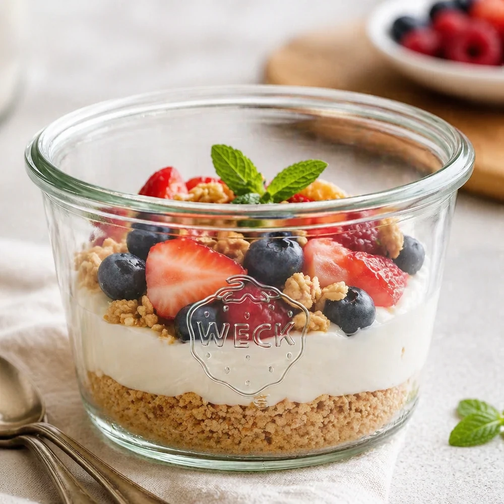 370ml Sturzglas WECK RR100 Jarro WECK RR100 de 370 ml cheio de iogurte com bagas e muesli numa mesa de madeira branca