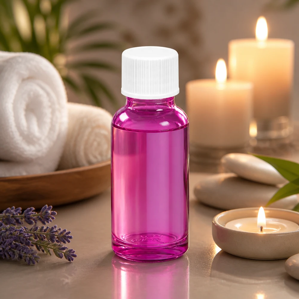Frasco de 20 ml com tampa de rosca de 11 mm branco padrão PurpleLine UT18/20 Frasco elegante de 20 ml em violeta radiante com tampa branca para spa e bem-estar