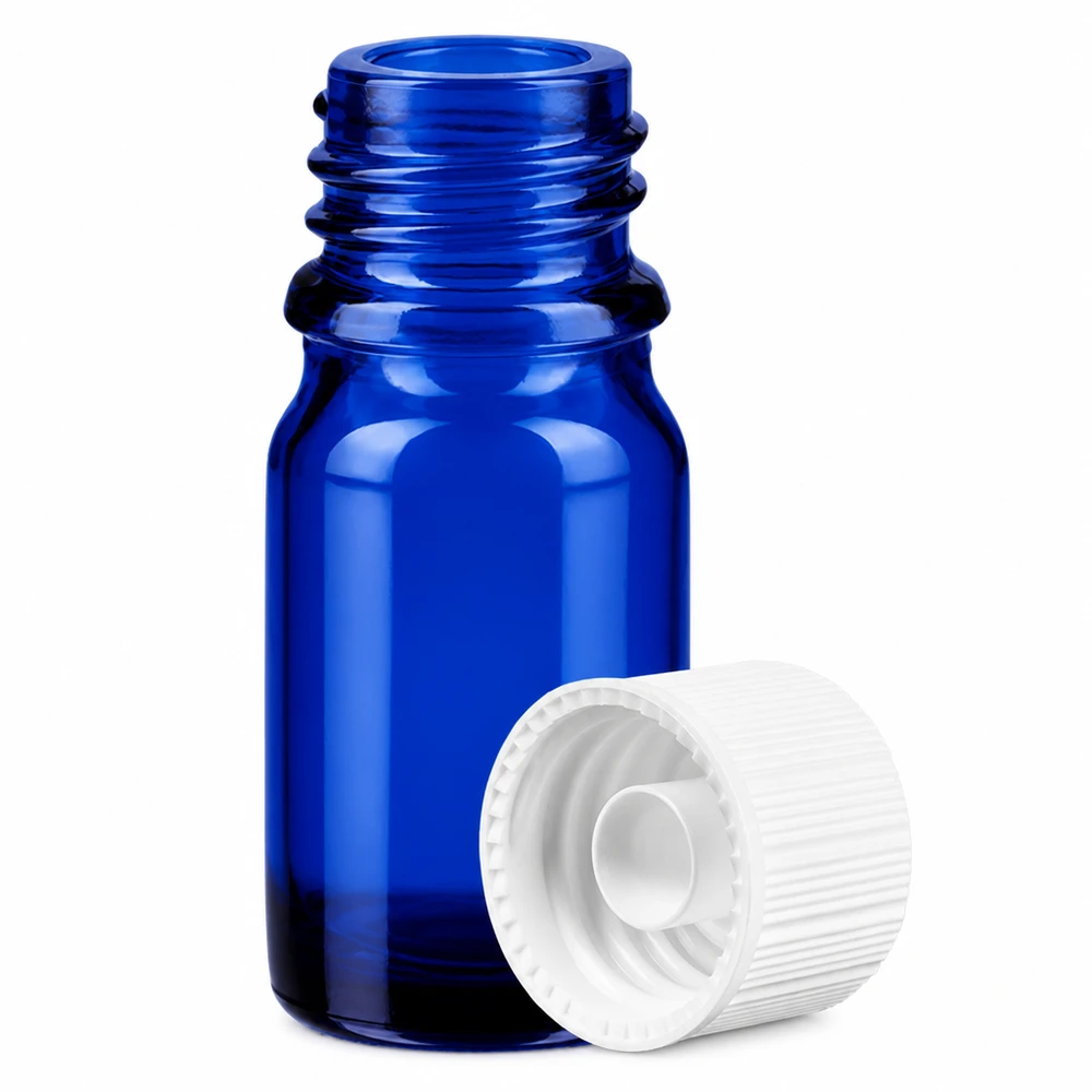 Frasco de vidro azul de 5 ml com rosca de 11 mm SV branco Série Standard BlueLine para um doseamento preciso