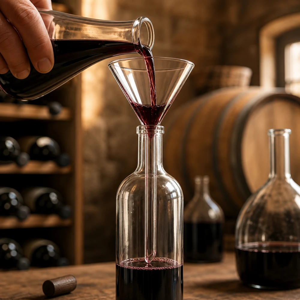 Funil ø55mm cal sodada, ângulo 60°, estilo curto Funil de vidro de precisão com 55 mm de diâmetro para uma decantação limpa em garrafas de vinho e decantadores