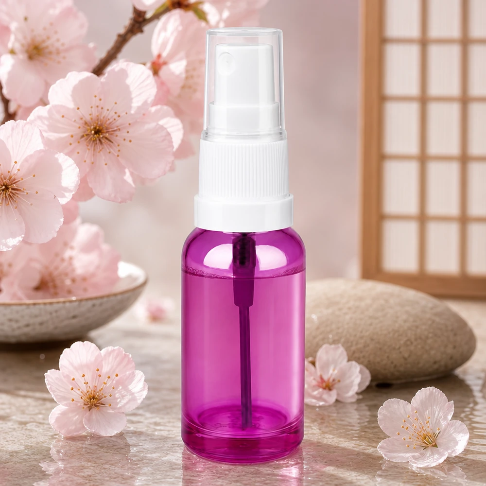 Frasco de spray de 20 ml branco/transparente Standard PurpleLine UT18/20 Frasco de spray de 20 ml com atomizador de plástico branco num elegante visual roxo para uso diário