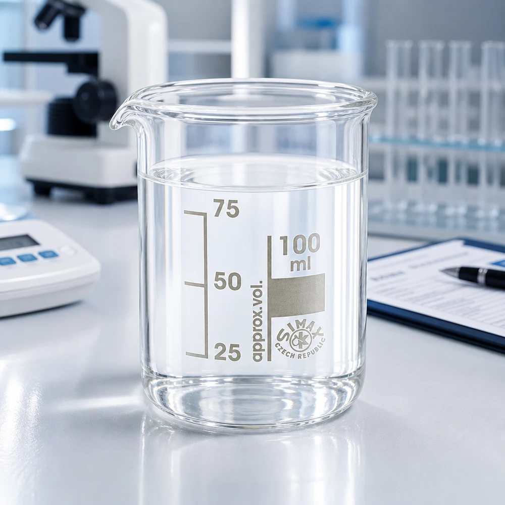Copo transparente de 100 ml em vidro borossilicato com escala de volume precisa para aplicações laboratoriais