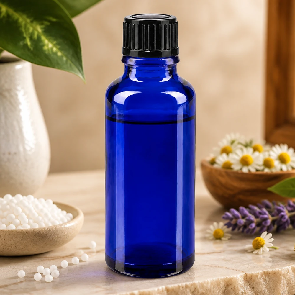 Pequeno frasco de 30 ml em vidro farmacêutico azul cobalto com tampa preta com segurança para crianças