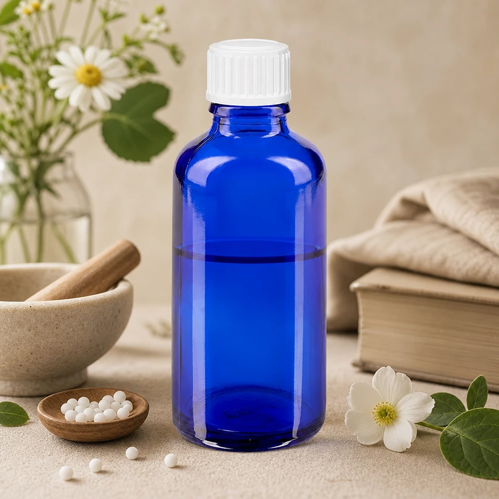 Frasco conta-gotas azul de 50 ml com tampa STD branca, com uma imagem de flores de camomila e um almofariz