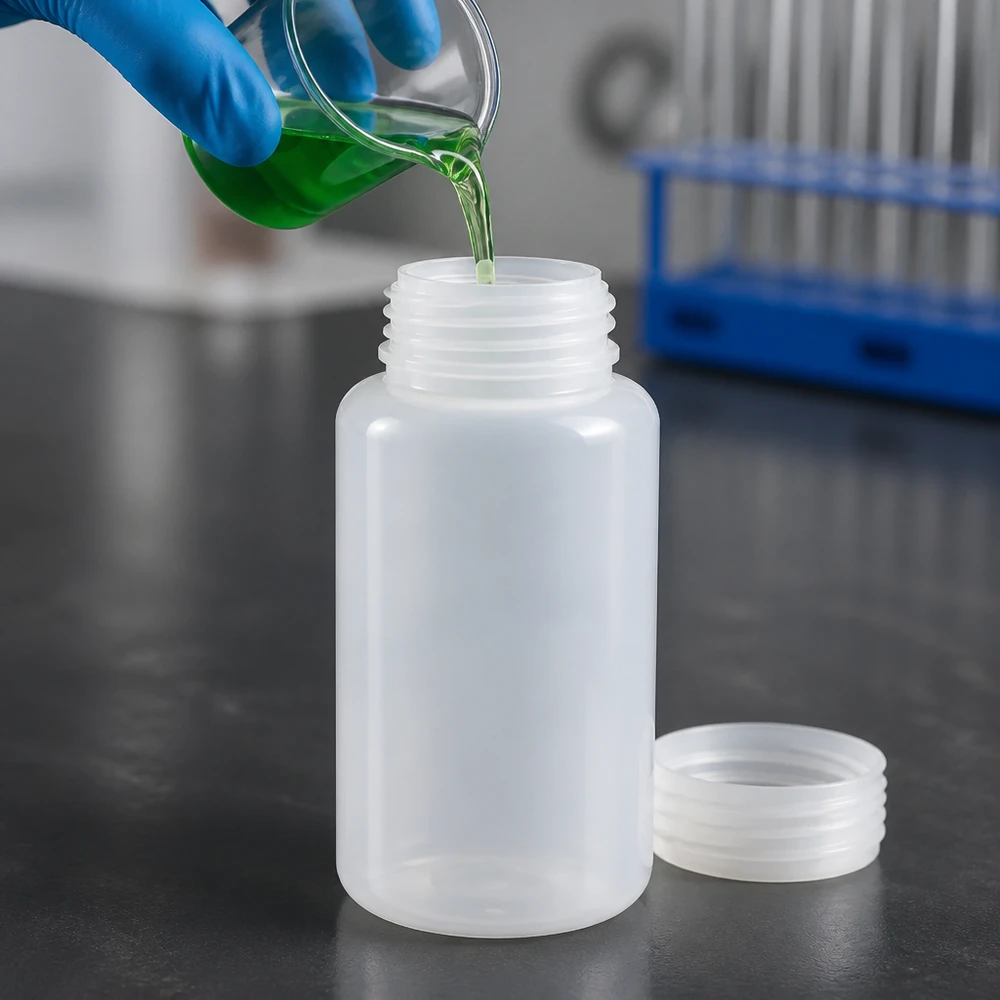 O produto químico verde é vertido num frasco de laboratório de plástico de gargalo largo, com 1000 ml, sem tampa