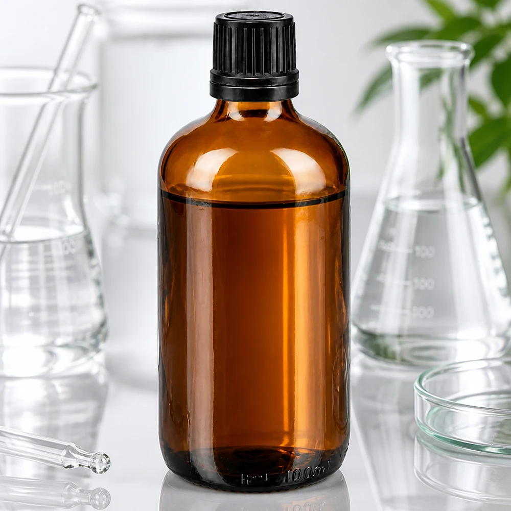 Frasco de farmácia de 100 ml em vidro castanho com tampa de rosca preta e conta-gotas de 1 mm, em laboratório