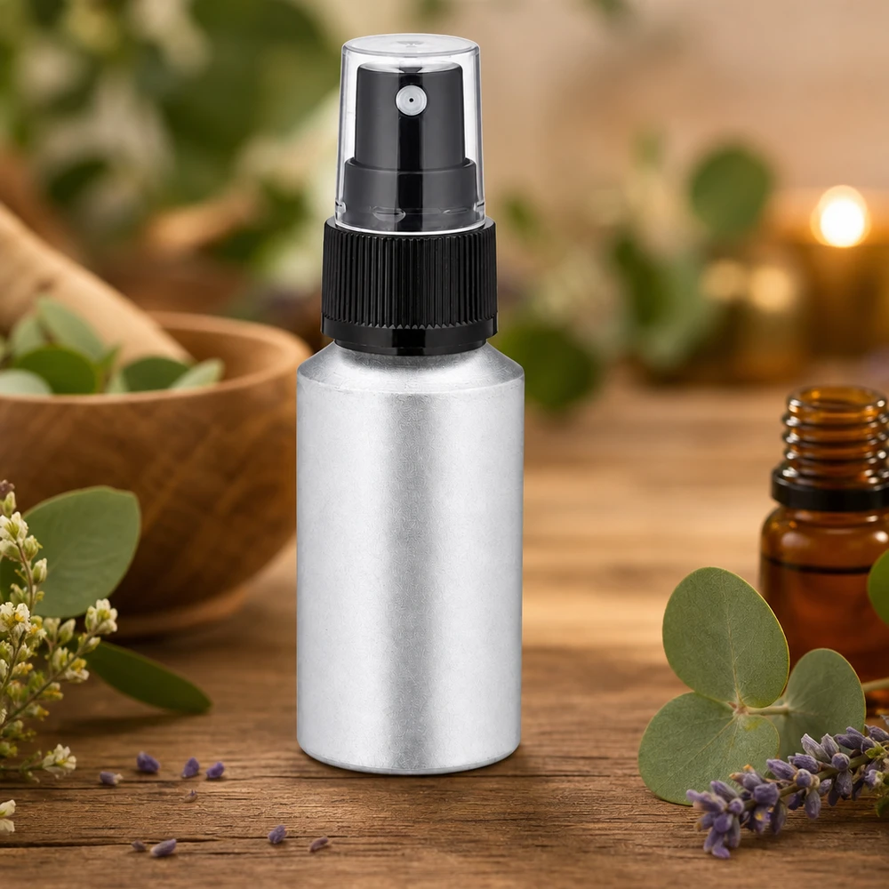 30ml gebeizte Aluflasche mit Zerstäuber Frasco de alumínio de 30 ml manchado com pulverizador de bomba para aplicações de aromaterapia