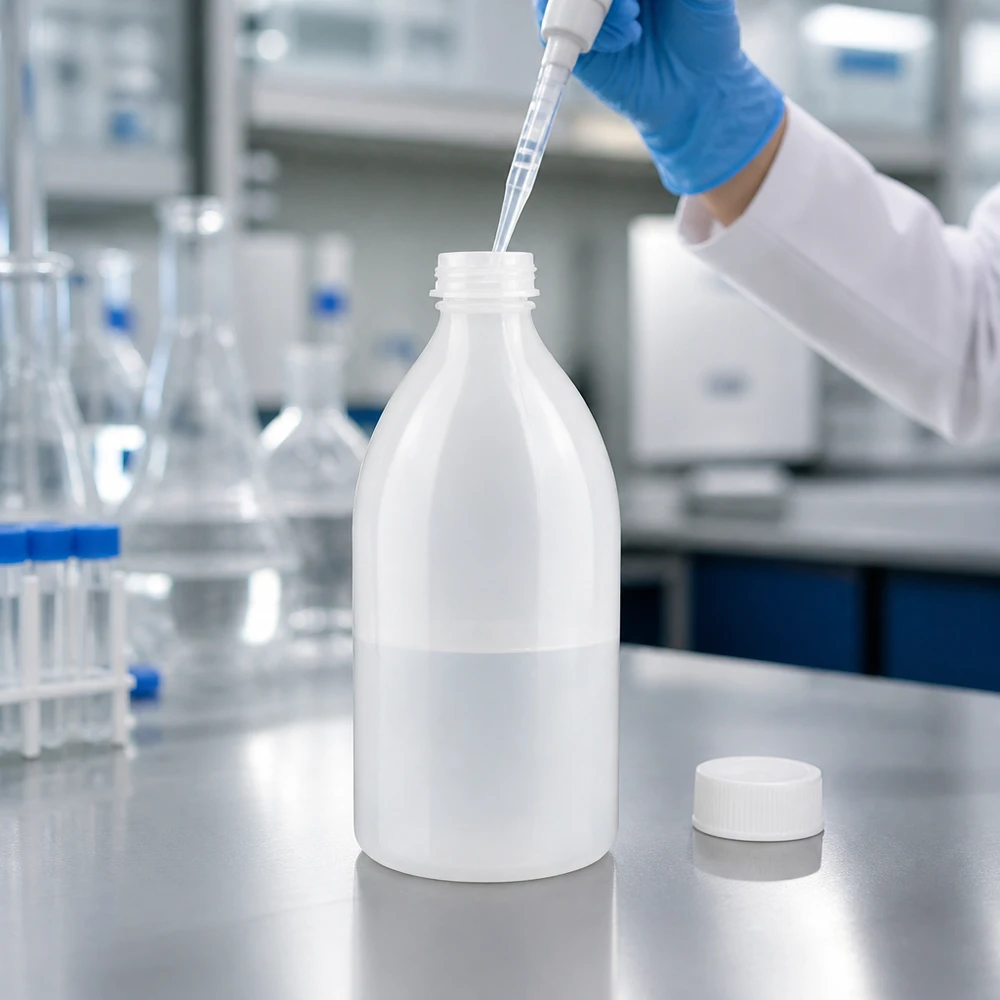 Frasco de rosca de 500ml, frasco de laboratório com gargalo estreito Laborant befüllt 500ml Enghals Schraubflasche mit Messpipette und Schutzhandschuhen