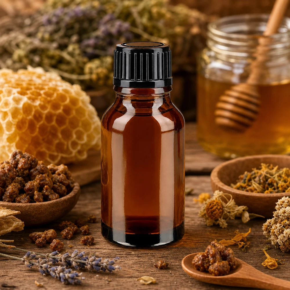 Frasco de farmácia castanho de 15 ml com tampa de rosca preta, entre o mel em forma de favo de abelha e as ervas medicinais