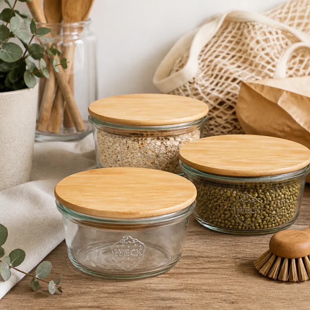 Mini copos de vidro de 50ml WECK RR60 com tampa de madeira WECK Mini Sturzglas 50ml mit Bambusdeckel in nachhaltiger Zero-Waste Küche mit Mesh-Beutel und Holzutensilien