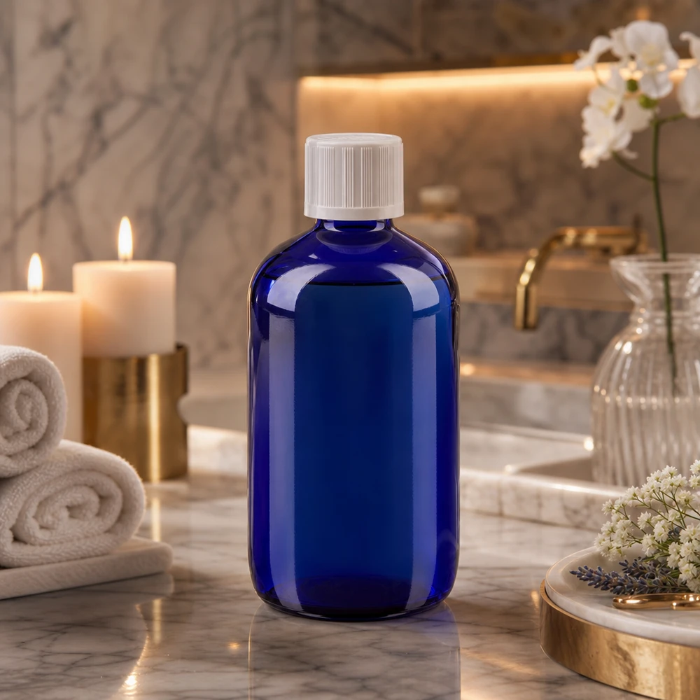 Frasco de farmácia azul de 100 ml com tampa de segurança para crianças, num ambiente elegante de spa com velas