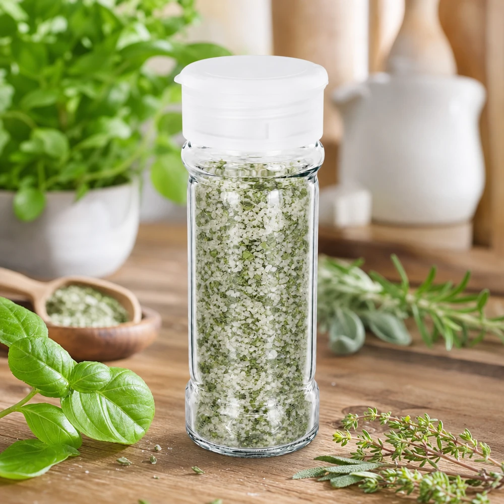 Frasco para sal/especiarias de 100 ml com espalhador, branco Pequeno frasco de especiarias de 100 ml com tampa branca com bico dosador, cheio de sal com ervas, sobre uma mesa de madeira