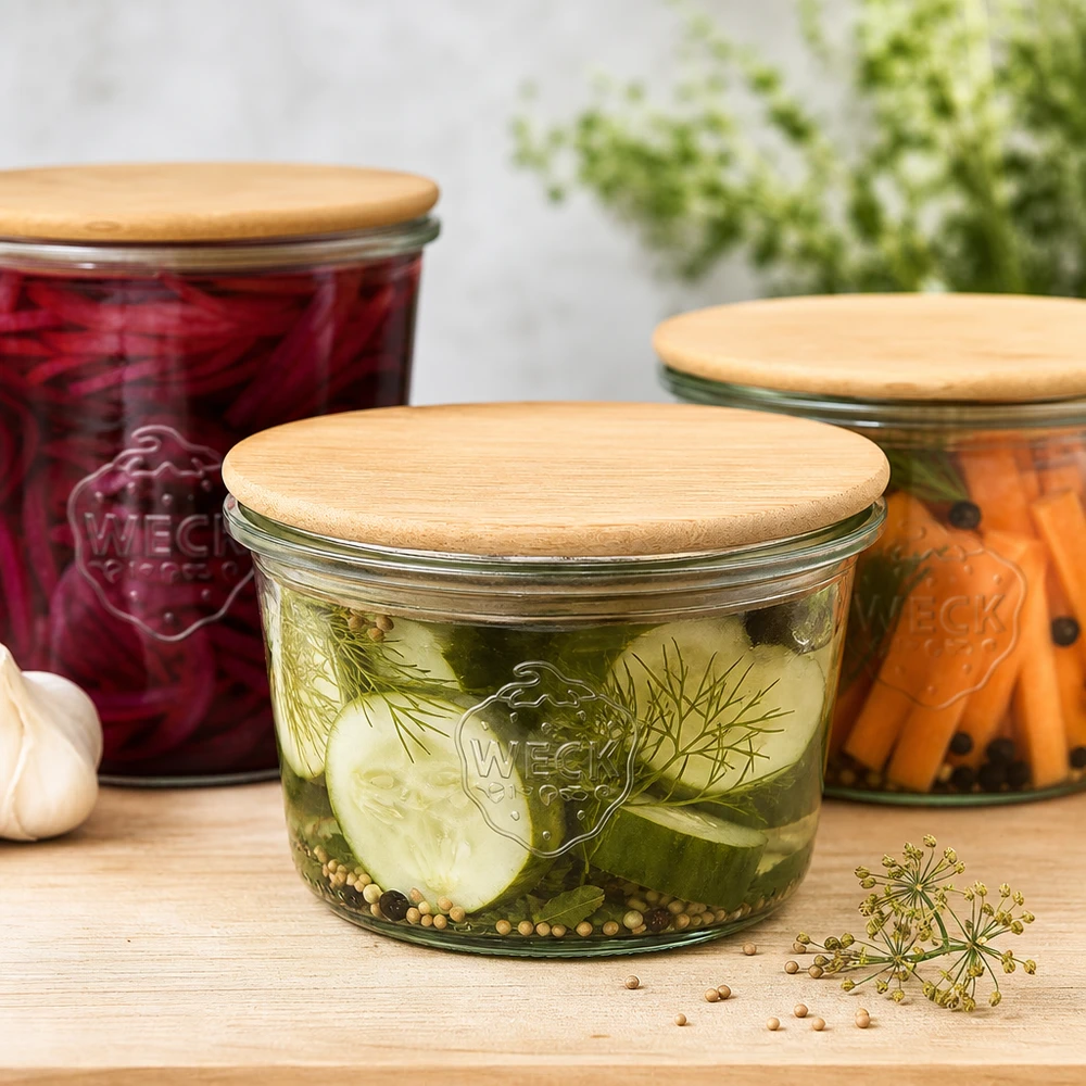 Frasco de vidro WECK 80ml RR60 tampa de madeira pepinos em conserva legumes fermentação conservação utensílios de cozinha