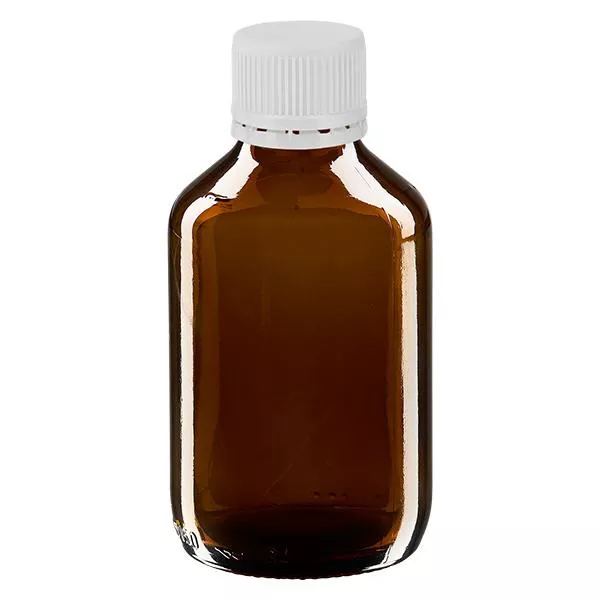 Frasco de medicamentos de 150ml castanho, tampa branca com anel inviolável ApoGlas Frasco de medicamentos de 150ml castanho, tampa branca com anel inviolável ApoGlas