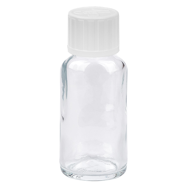 Frasco de 20 ml com tampa de rosca de 11 mm, branco, com fecho inviolável ClearLine UT18/20 Frasco de 20 ml com tampa de rosca de 11 mm, branco, com fecho inviolável ClearLine UT18/20